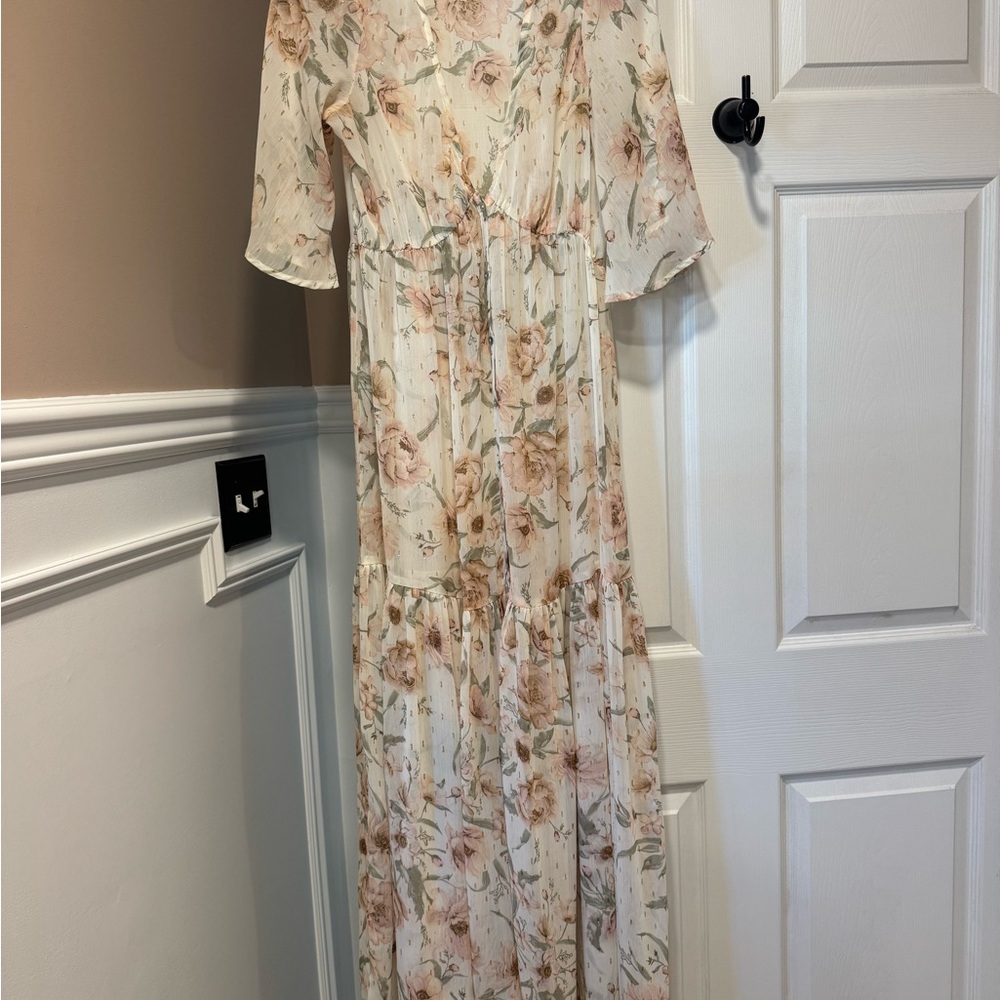 Lovestitch Sheer Cream and Pink Floral Maxi Dress - size SMALL